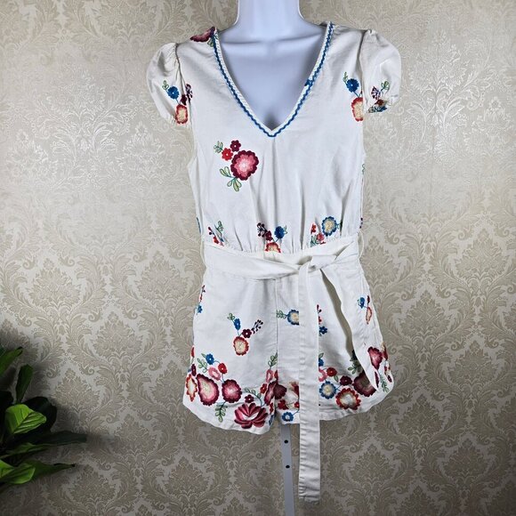 Anthropologie Forever That Girl Sz MedWhite Denim Romper Embroidered Floral - Picture 1 of 14